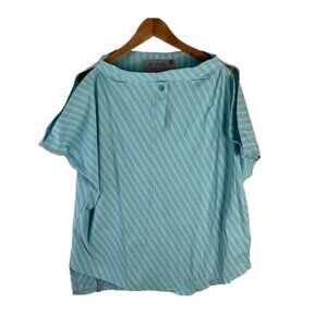 Art Point Lagenlook boxy asymmetrical green purple striped boat neck top Medium